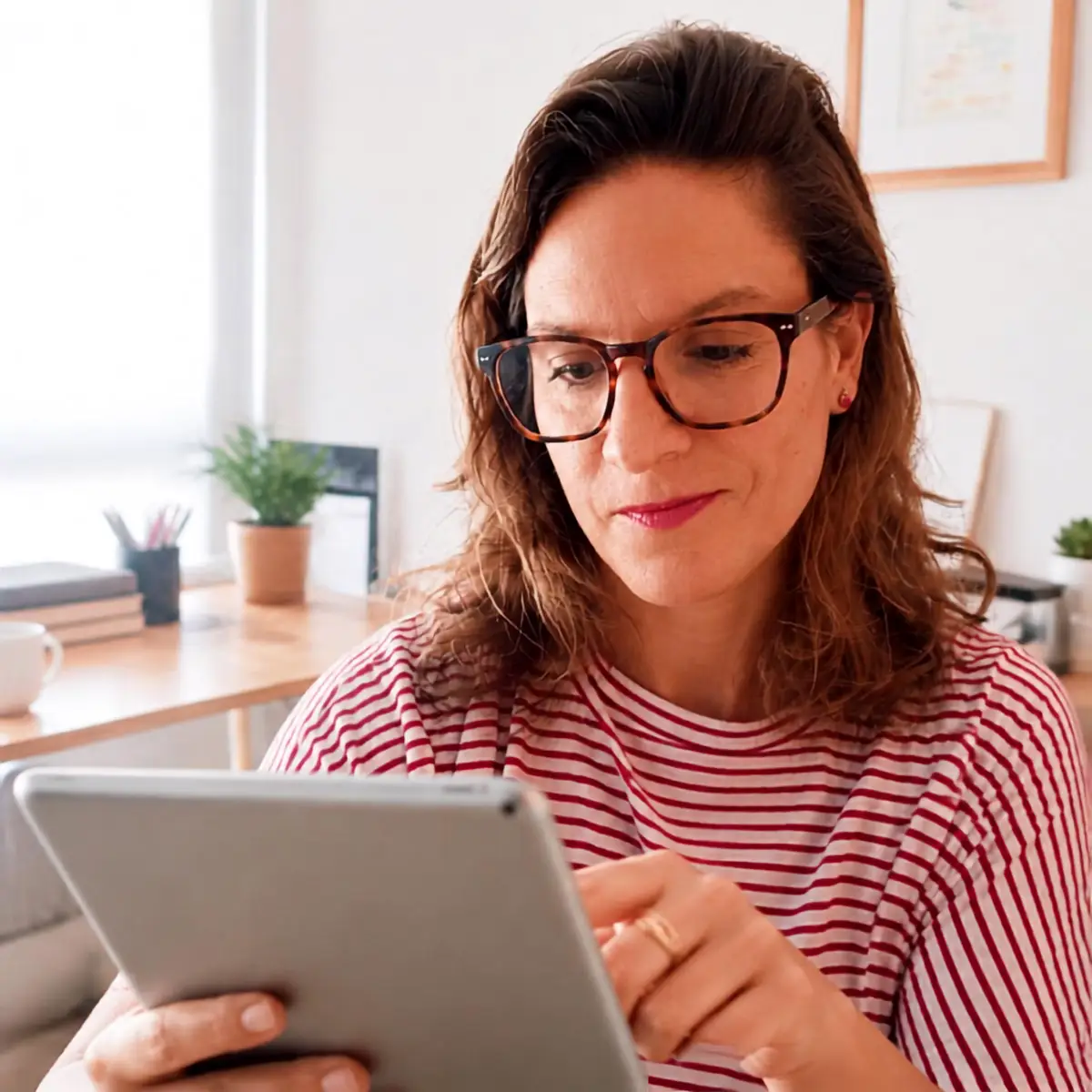 Marta revisando su presencia digital en una tablet, en su espacio de trabajo