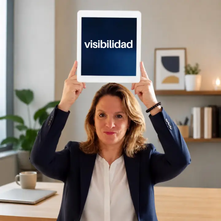 Marta sostiene una tablet con la palabra "visibilidad", uno de los pilares de su acompañamiento en presencia digital